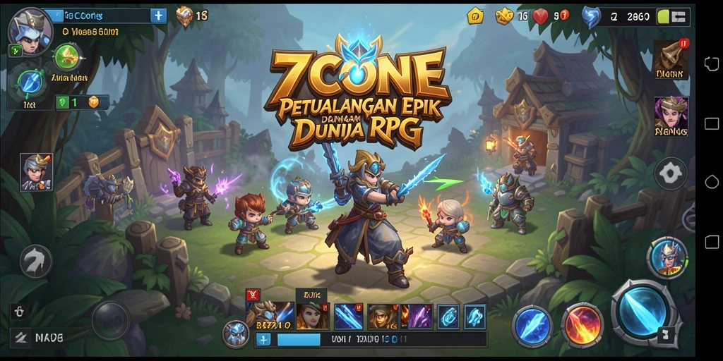 Tangkapan layar utama 7CONE menampilkan pertarungan epik antar karakter RPG.