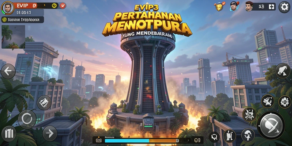 Screenshot gameplay EVIP3 menunjukkan menara dan musuh yang berpadu dalam pertempuran Tower Defense.