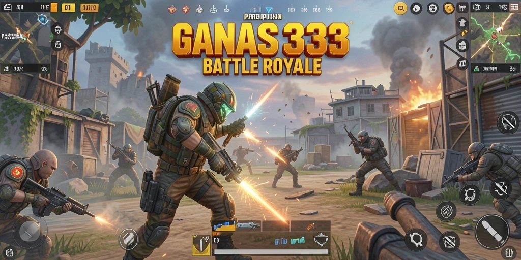 Screenshot utama GANAS33 menampilkan pertempuran seru di arena Battle Royale.