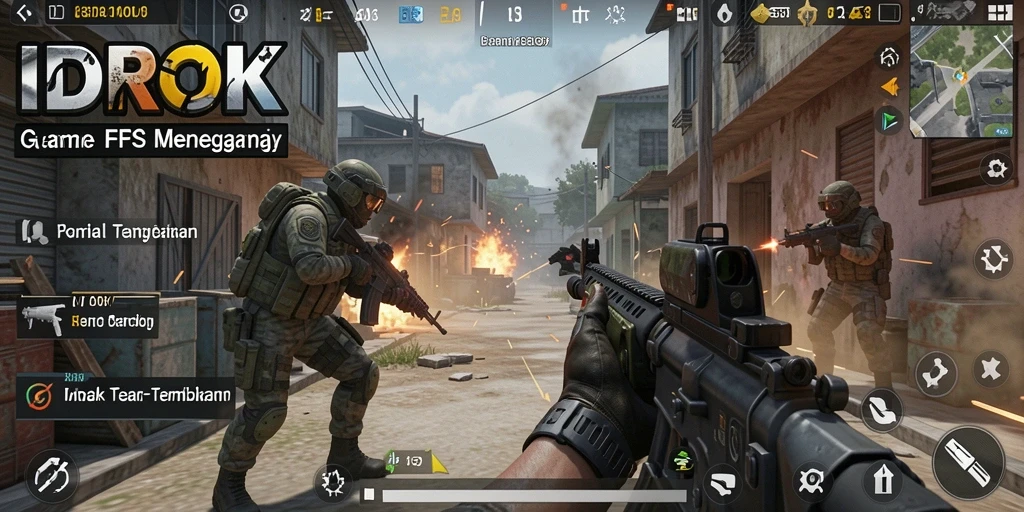 Screenshot menunjukkan gameplay menegangkan dalam IDROK dengan banyak aksi FPS.