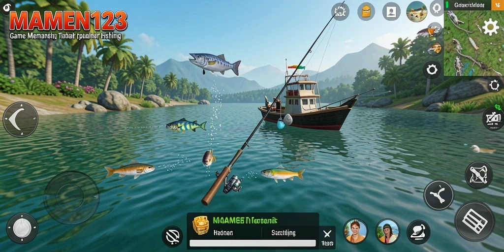 Screenshot MAMEN123 menampilkan pemain yang menangkap ikan di danau yang indah.